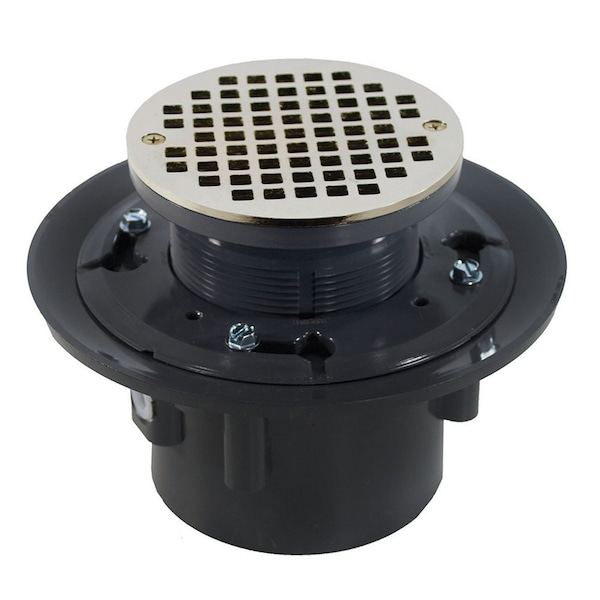 Jones Stephens 3in. x 4in. Heavy Duty PVC Drain Base with 4in. Plastic Spud and 6in. Nickel Bronze Strainer D49183 - main